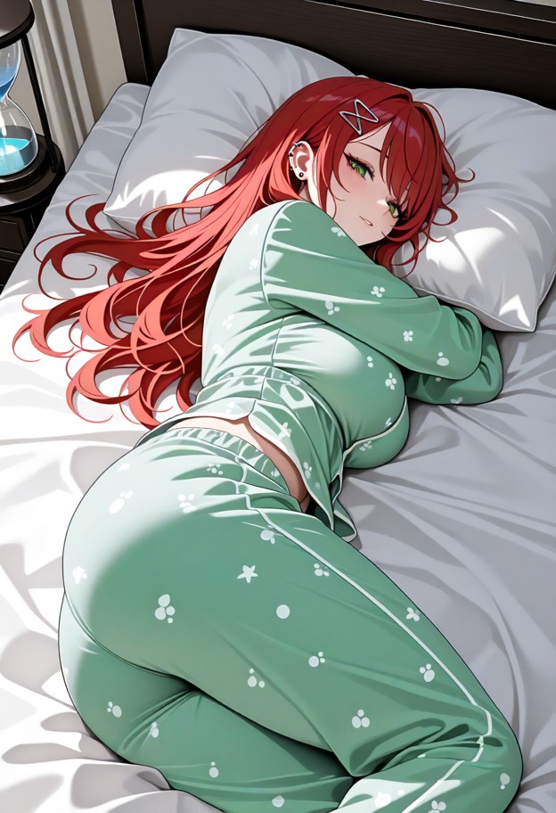 1girl,solo,view from below,sleeping,on side,hands under pillow,closed eyes,pajamas,cute_pajamas,silk_pajamas,sleepwea…