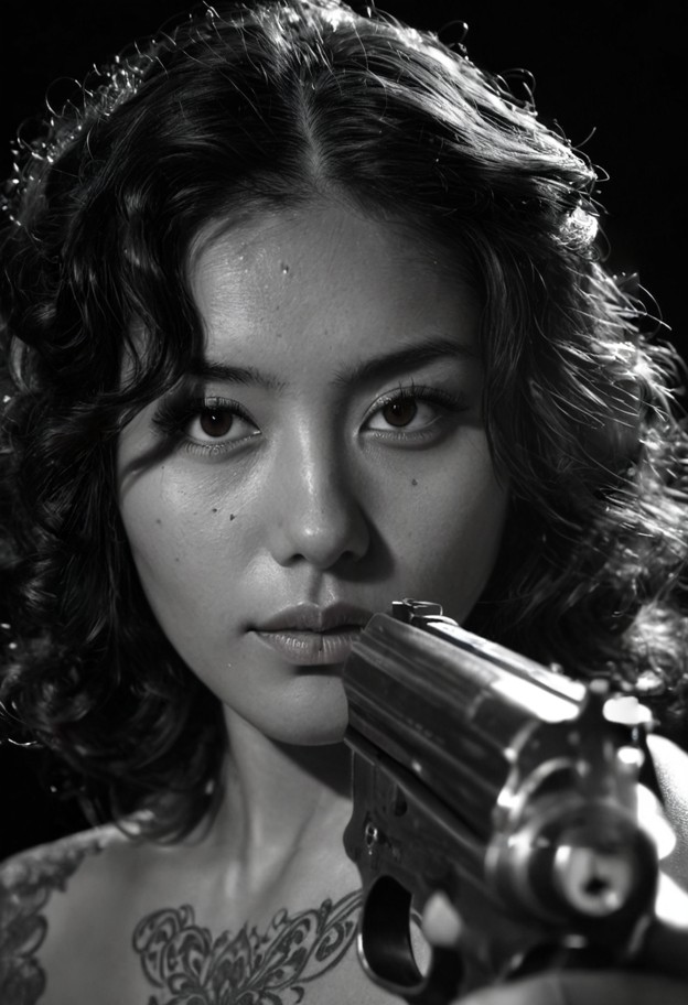 extreme
close-up,upper body shot of a woman with a cold,piercingly
concentrated gaze. she holds a massive silver re…