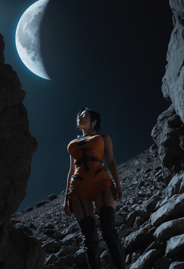 studio
trigger anime style,extreme low-angle shot looking up from the lunar
ground. in the lower half,a stylish you…