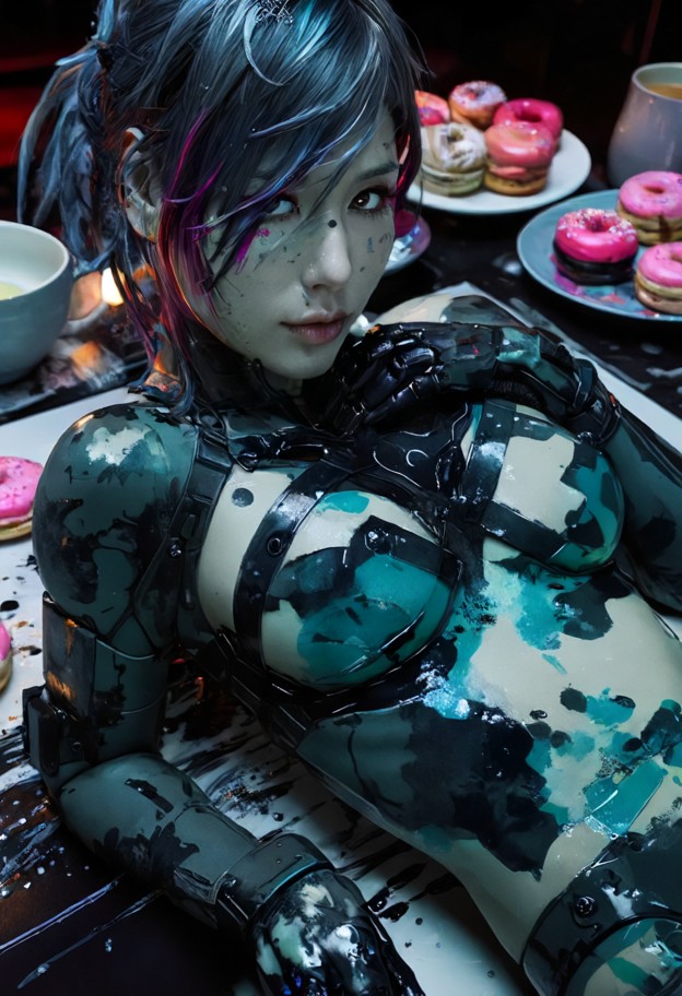 1girl,solo,lying flat on her back on a large dark banquet table,inside a neon-lit exotic asian cafe,((her body serves…
