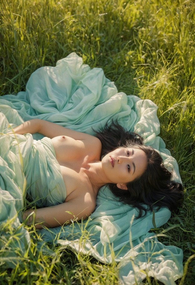 a high-angle bird's eye view shot of a woman lying peacefully in a lush,green meadow. she is elegantly wrapped in flo…