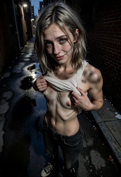 Location: dim urban alleyway at dusk, with damp pavement reflecting the faint, cool glow of a distant streetlamp and …