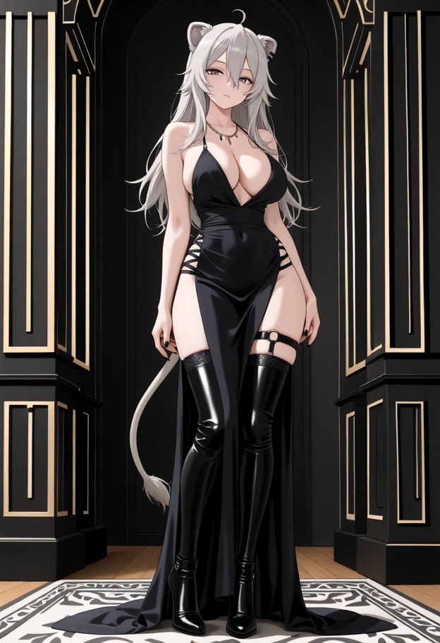 she is wearing evening dress with slit,stockings,thigh high leather boots,stiletto heels,standing,indoors,full body,e…