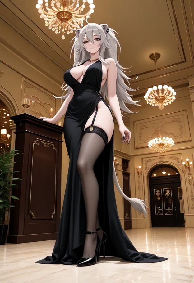 she is standing in a ballroom,wearing evening dress,slit dress,stockings,stiletto heels,ballroom,low angle,cinematic …