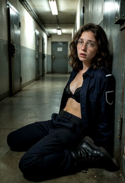 Location: dim prison corridor within block C, with cold grey concrete floors and heavy metallic doors under flickerin…