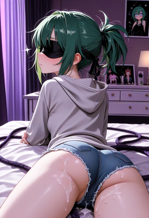 1girl lying on bed,tied with ropes,blindfolded,naked,oversized grey hoodie,short denim shorts,semen covered,dimly lit…