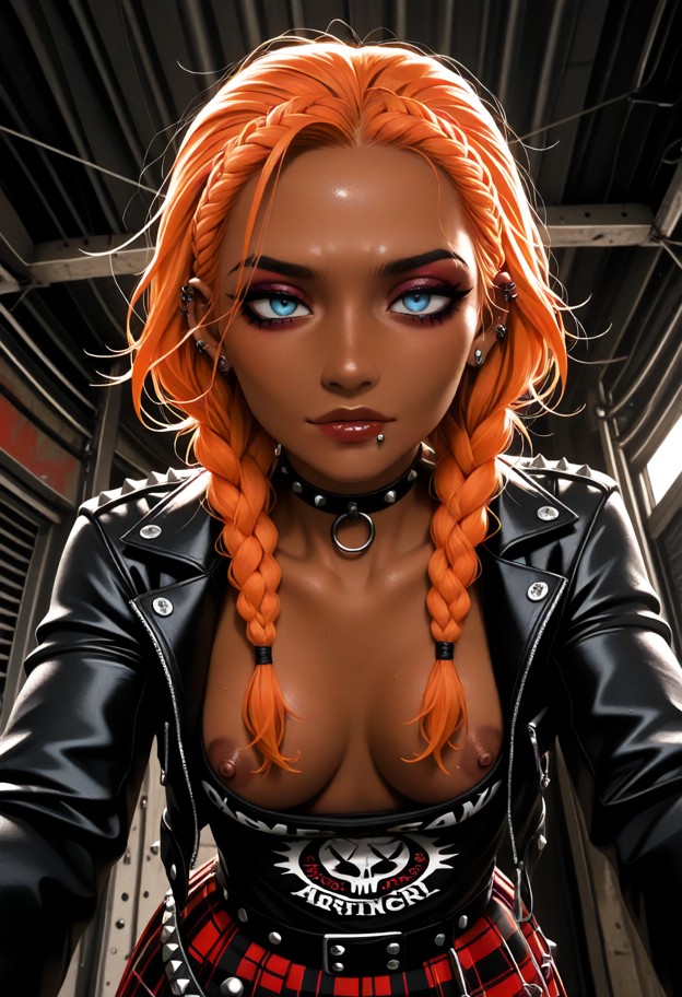solo,wearing dress,pulling bra down (revealing nipples) front view,facing viewer,punk outfit,leather jacket,plaid ski…