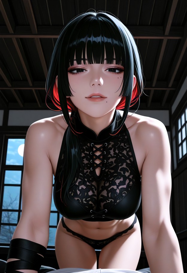 she is,leaning against viewer,about to kiss pov,(close up,forming lips),facing viewer,happy,sleeveless side-laced bla…