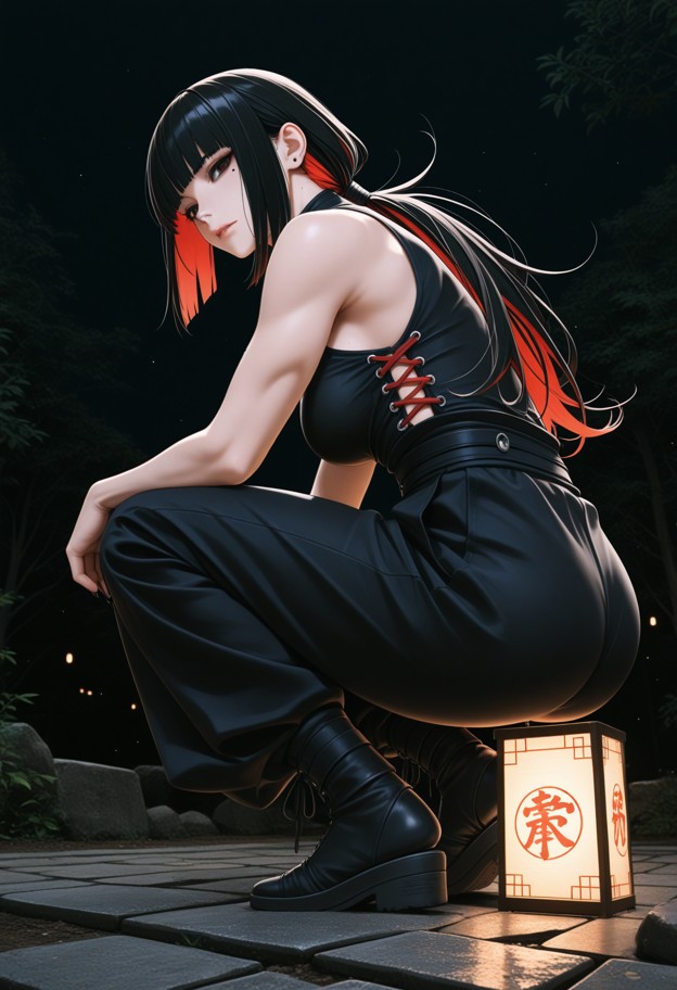 she is is crouching on a stone path in a japanese estate,black sleeveless side-laced shinobi top,dark ninja trousers,…