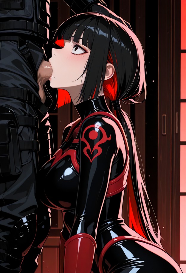 1 girl,petite,black hair,red inner hair,black and red tactical armor kunoichi suit,red gaunlets,blushing,looking up w…