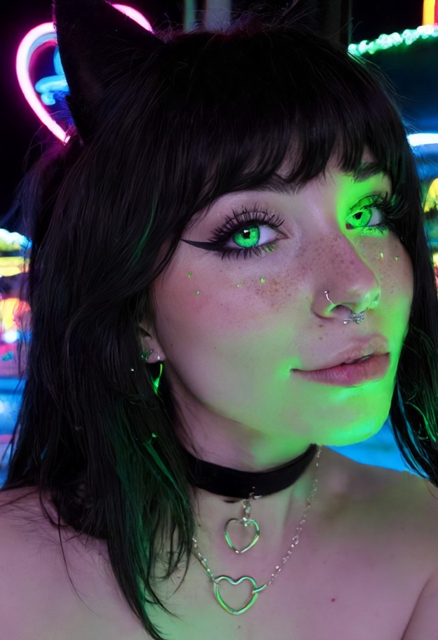 amusement park,neon light,colored glow,reflections,vibrant tone,naked,fully naked,shy,shy smile,blushing cheeks,gentl…