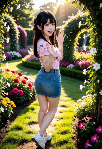 Location: early morning in a lush, vibrant garden filled with blooming colorful flowers and manicured green paths, wi…
