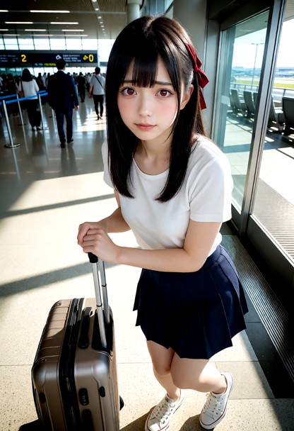 Location: bright afternoon at a bustling airport terminal with polished floors, large glass windows, and sunlight str…