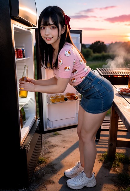 Location: late afternoon at an outdoor barbecue area where the sky is transitioning into shades of orange and pink, c…
