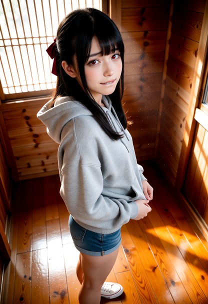 Location: bright afternoon inside the small and cozy wooden guest house, where warm sunlight filters through the wind…