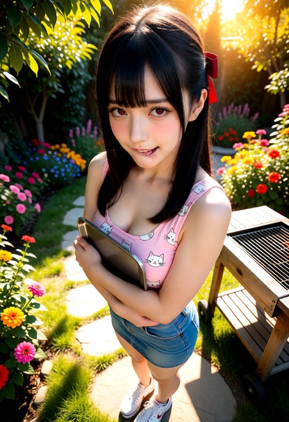 Location: bright afternoon in a lush, sun-drenched garden filled with colorful blooming flowers and a stone path, whe…