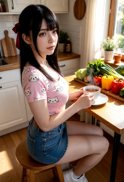 Location: bright afternoon inside a cozy, sun-drenched kitchen with white cabinets and wooden countertops, where warm…