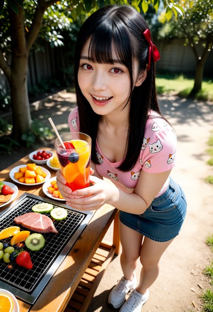 Location: bright afternoon at an outdoor barbecue area with a wooden table, a metal grill, and sunlight filtering thr…