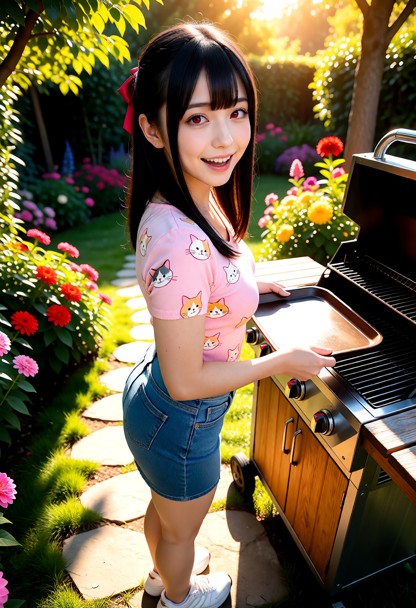 Location: bright afternoon in a lush, sun-drenched garden filled with colorful blooming flowers and a stone path, whe…