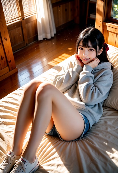 Location: bright afternoon inside the small and cozy wooden guest house, where warm sunlight filters through the wind…