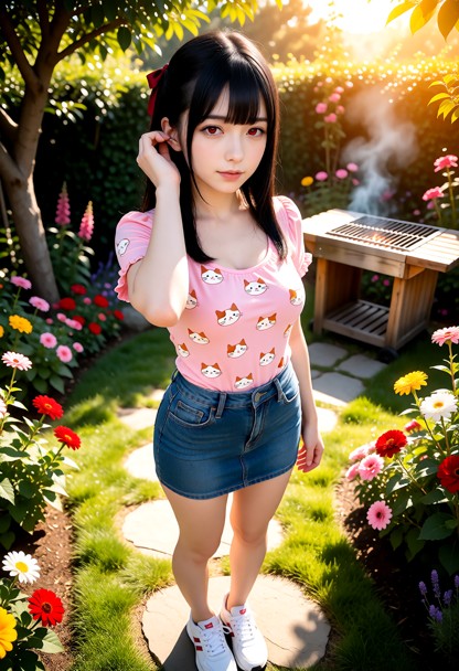 Location: bright afternoon in a lush, sun-drenched garden filled with colorful blooming flowers and a stone path, whe…