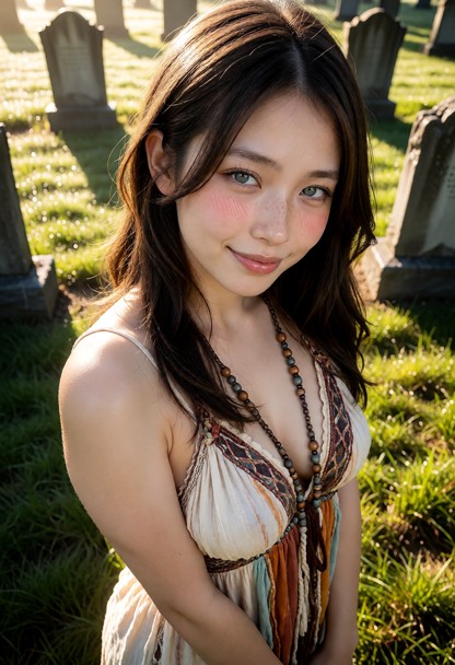 Woman wears a boho outfit with a flowing dress, beads, and earthy colors., The subject gives a shy smile with blushin…