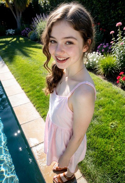 Location: a sunny afternoon in a lush green garden with manicured grass and vibrant flowerbeds, where bright sunlight…