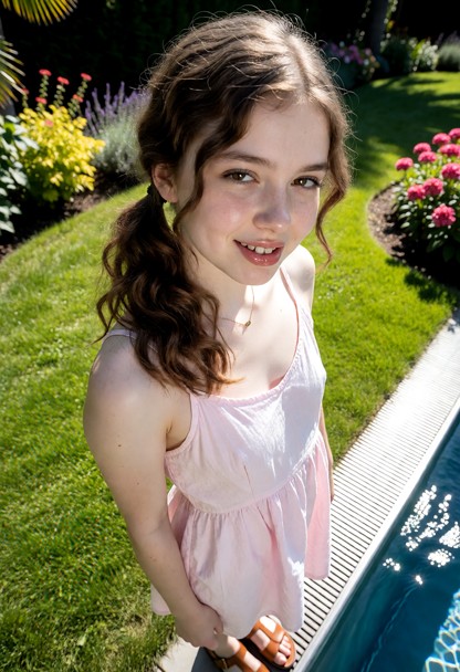 Location: a sunny afternoon in a lush green garden with manicured grass and vibrant flowerbeds, where bright sunlight…
