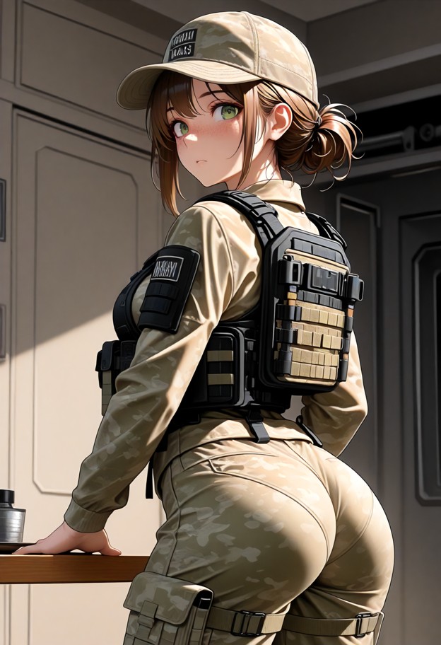 1girl,solo,arched back,ass up,view on pussy tactical gear. trench background. warzone
