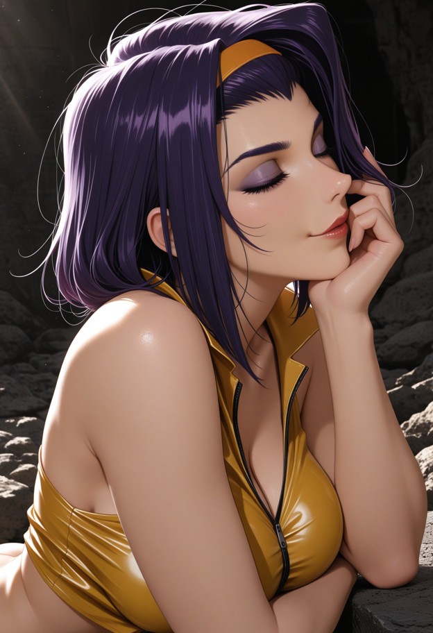 she is,solo,leaning in close,eyes closed,kissing passionately,hands tangling in hair,yellow crop top,rocky terrain,di…