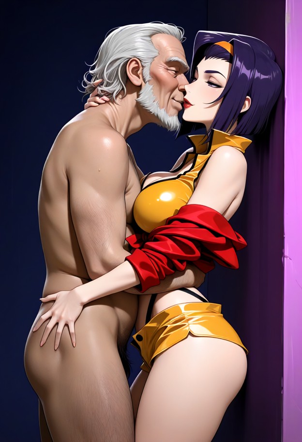 1girl,1old man,leg gancho,tango,kissing,soft tease,sensual lighting,full-body view,head-to-toe composition