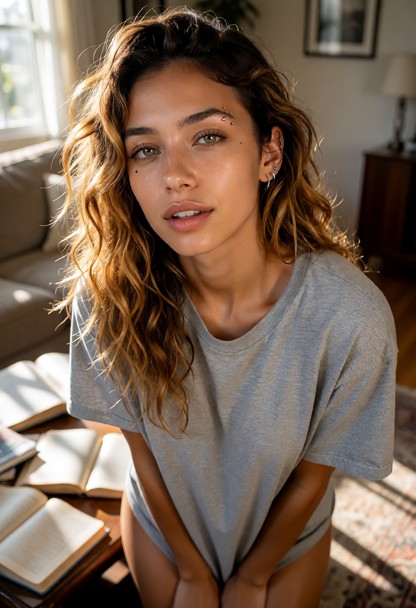 Location: a sunlit living room with soft morning light spilling across a cluttered coffee table and scattered textboo…