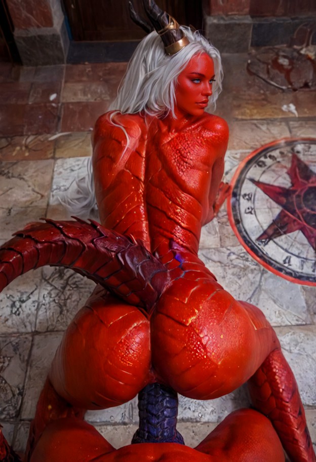 on all fours being penetrated doggy style,ass,she is,naked,private study,stone floor,glowing summoning circle,dim can…