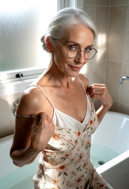 Location: bright morning in a steamy bathroom where soft light filters through a frosted window, casting a gentle glo…