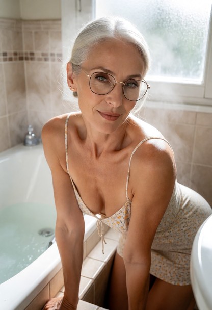 Location: bright morning in a steamy bathroom where soft light filters through a frosted window, casting a gentle glo…