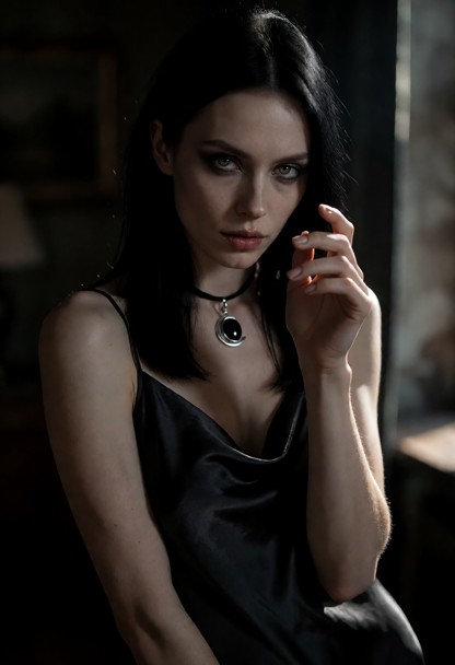 Location: a dimly lit, shadowy room with soft, atmospheric light catching the edges of her silhouette and creating de…
