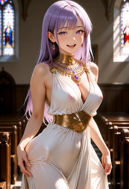 long flowing white Greek goddess dress, The scene is set in a church with pews visible., The subject looks happy and …