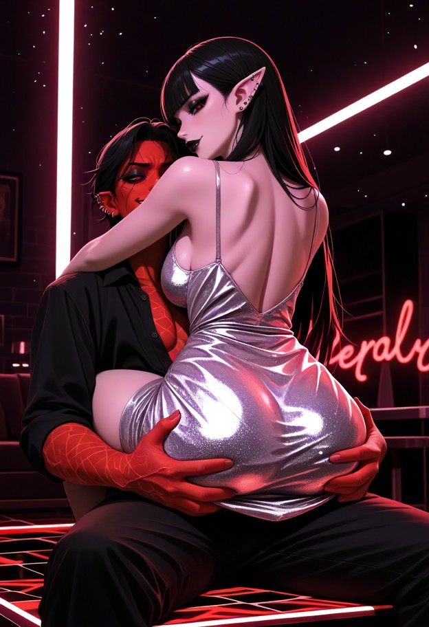 mathilde is dancing in a club leaning against a man,sheer white silk dress,unbuttoned dark cotton shirt,dimly lit atm…