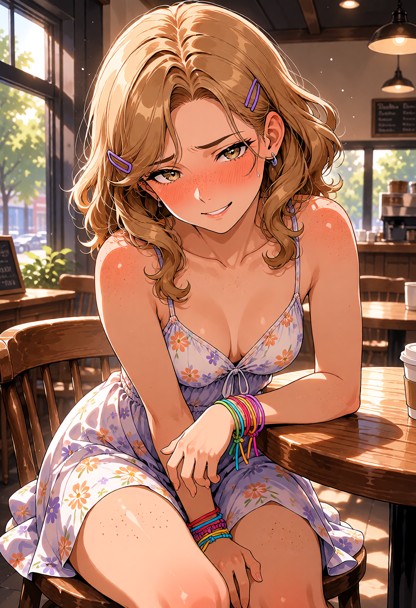 Location: a cozy coffee shop with warm ambient lighting, wooden tables, and large windows that allow soft afternoon s…
