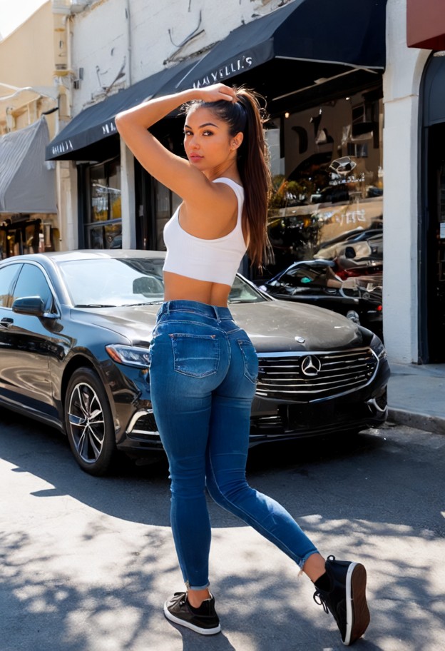maya torres stands beside her car running hand through hair,white ribbed cotton tank top,blue denim jeans,dark sneake…