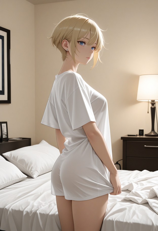 she is standing in front of a man looking into his eyes,white oversized t-shirt,bare legs,bedroom,messy sheets,bedsid…