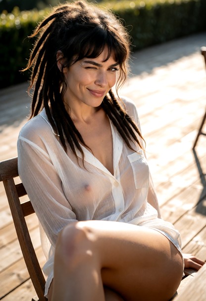 Location: bright afternoon on a sunlit wooden terrace with a low hedge in the background, warm sunlight casting soft …