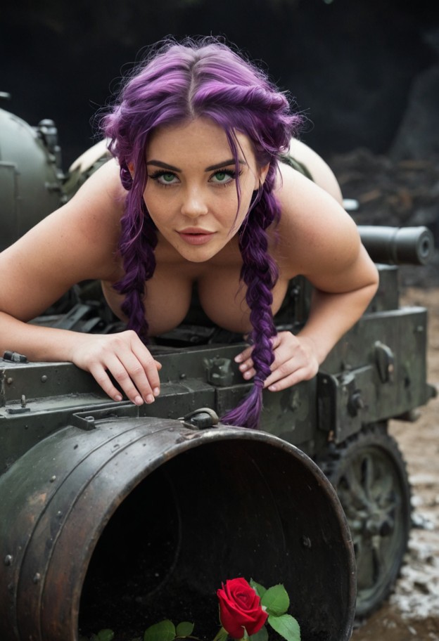 full body wide shot of a woman standing on the muddy ground in front of a colossal,immobile tank. she is reaching up …