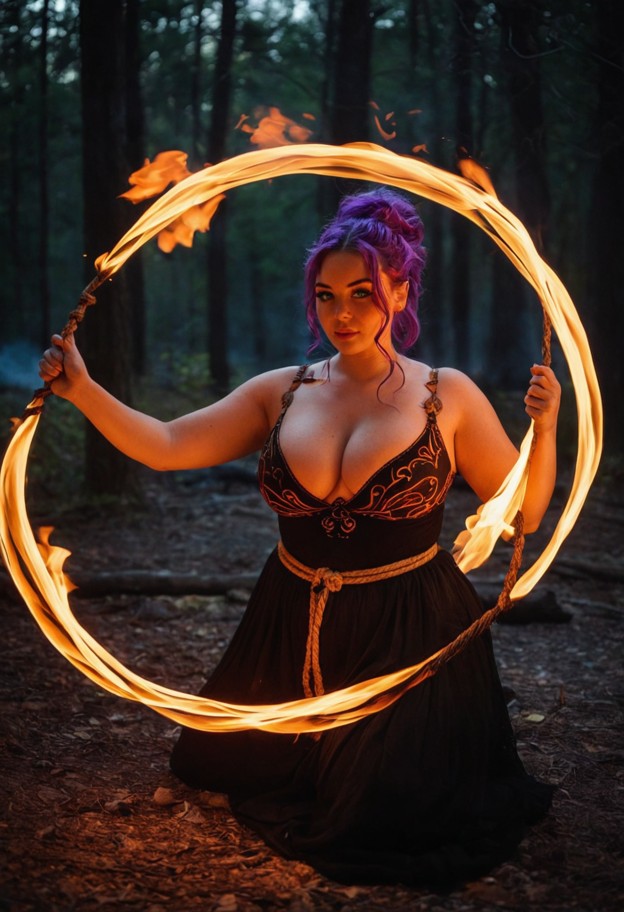 a cinematic,low-key shot of a mystical woman performing a fire ritual in a dark,ancient forest at night. she is spinn…