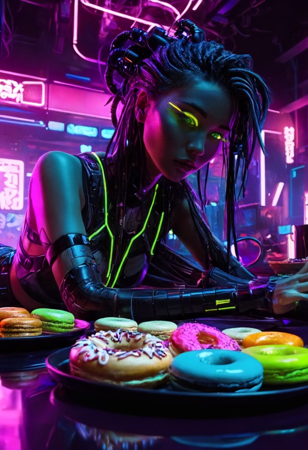 1girl,solo,lying flat on her back on a large dark banquet table,inside a neon-lit exotic asian cafe,((her body serves…