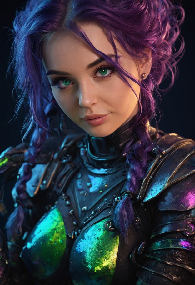 close-up of a female humanoid whose entire body is covered in overlapping,iridescent black chitin plates. the surface…