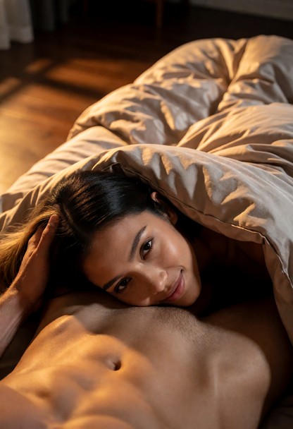Location: a dimly lit, intimate bedroom with soft shadows stretching across the warm wooden floor and messy silk shee…