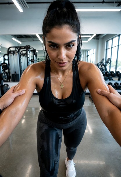 Location: a brightly lit modern gym with polished concrete floors, stainless steel weight racks, and large mirrors re…