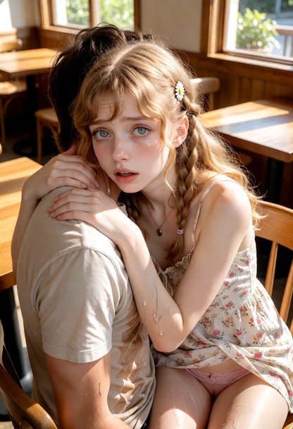 Location: a cozy sunlit cafe with warm wooden tables and large glass windows that cast soft, golden light across the …