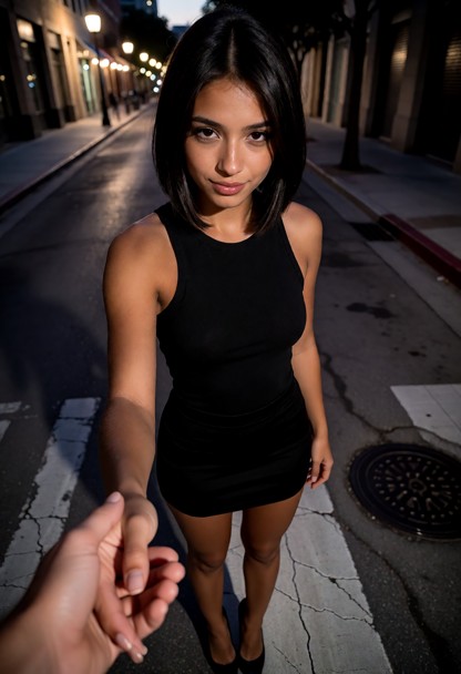 Location: a quiet urban street at dusk with soft ambient city lights reflecting off the pavement and dim shadows stre…